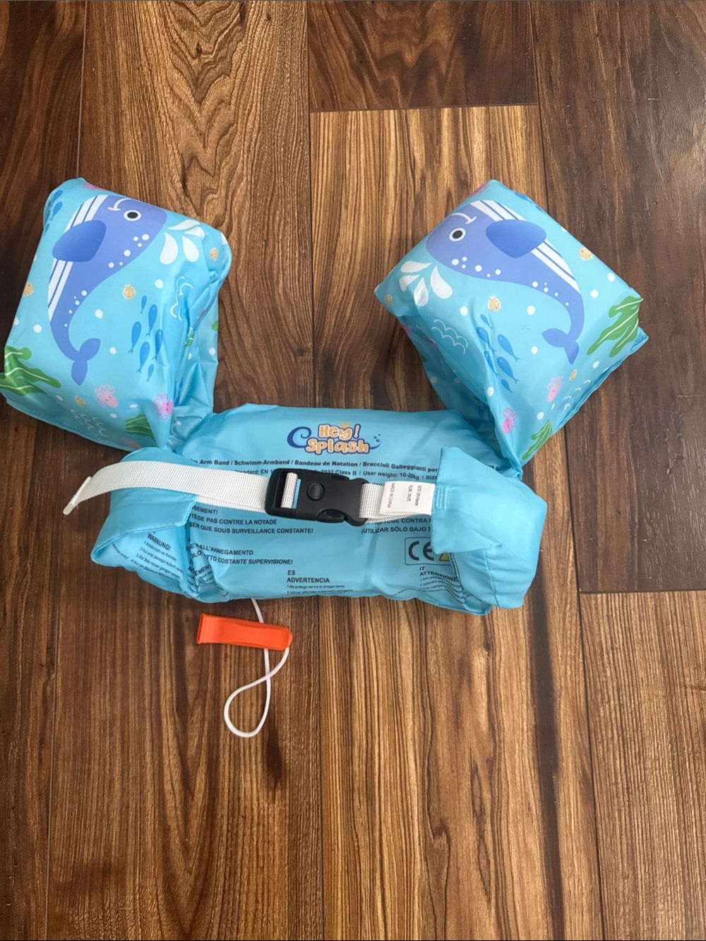 Splash Light Blue Kids Float Vest with Dolphin Pattern and Arm Bands